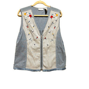 Embroidered Blue Denim Vest Jacket - Sleeveless Zip Front